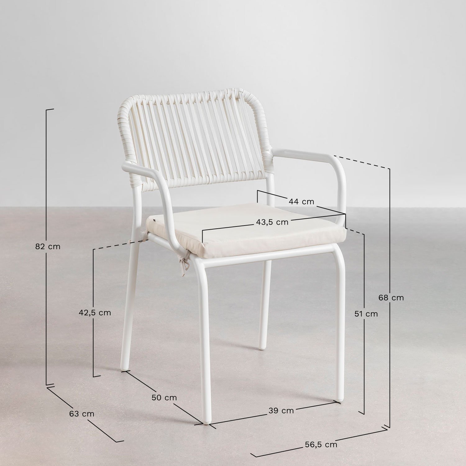 Ensemble de table rectangulaire 160x90 cm et 4 chaises de jardin empilables en aluminium Arhiza, mesures