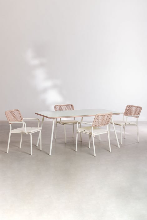 Set de table rectangulaire 160x90 cm et 4 chaises de salle à manger empilables en corde tressée Arhiza - Beige nude
