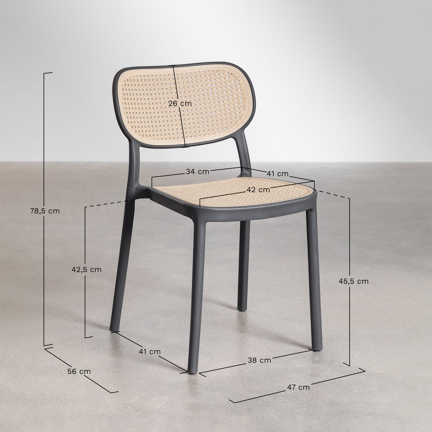 Ensemble table rectangulaire Arnadine (180x100 cm) et 6 chaises de salle à manger empilables Omara, mesures