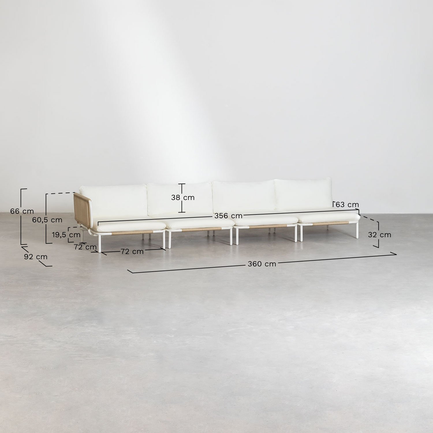 Canapé de jardin d'angle modulable 4 pièces avec pouf et fauteuil Roubly , mesures