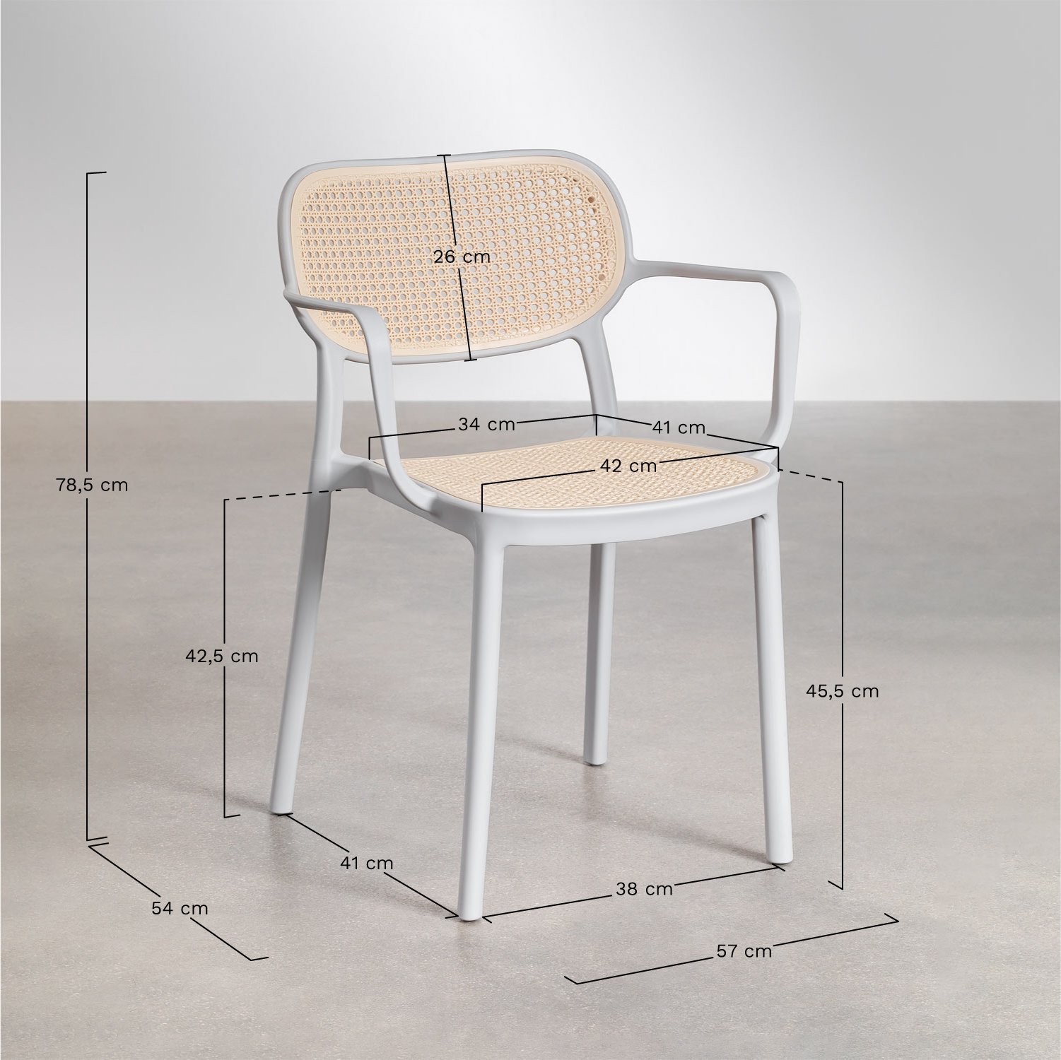 Ensemble table rectangulaire Arnadine (140x100 cm) et 4 chaises de salle à manger empilables avec accoudoirs Omara, mesures