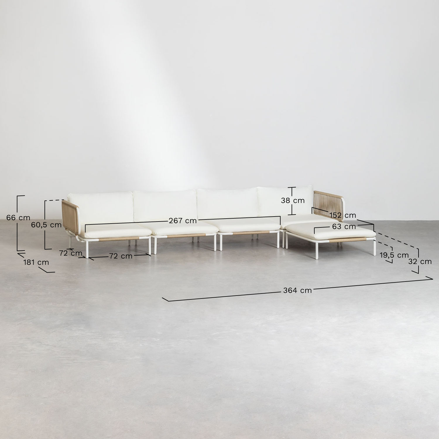 Canapé de jardin modulable 4 pièces avec 2 fauteuils d'angle, pouf et table basse Roubly , mesures