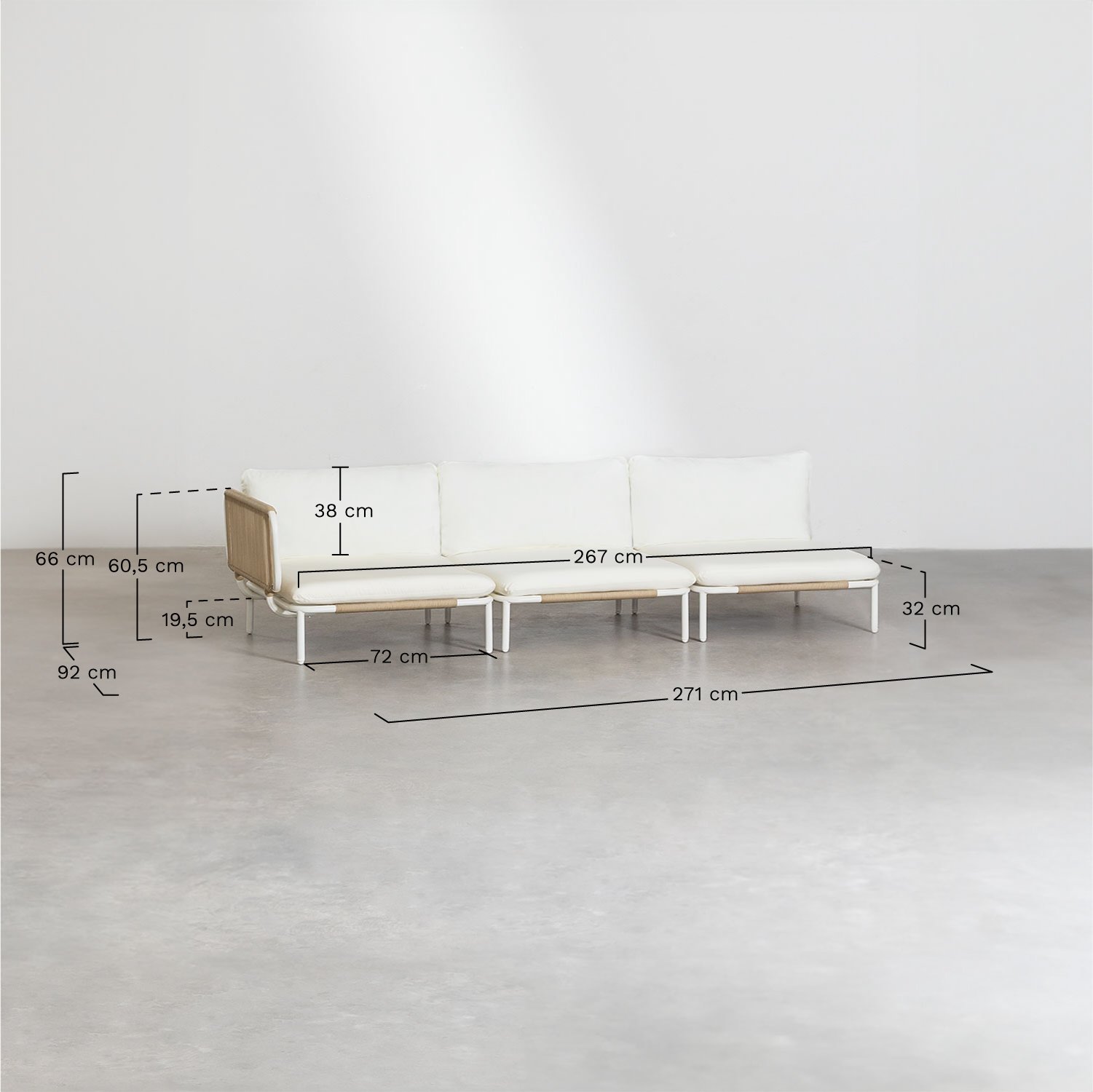 Canapé de jardin d'angle modulable 3 pièces et table basse Roubly, mesures