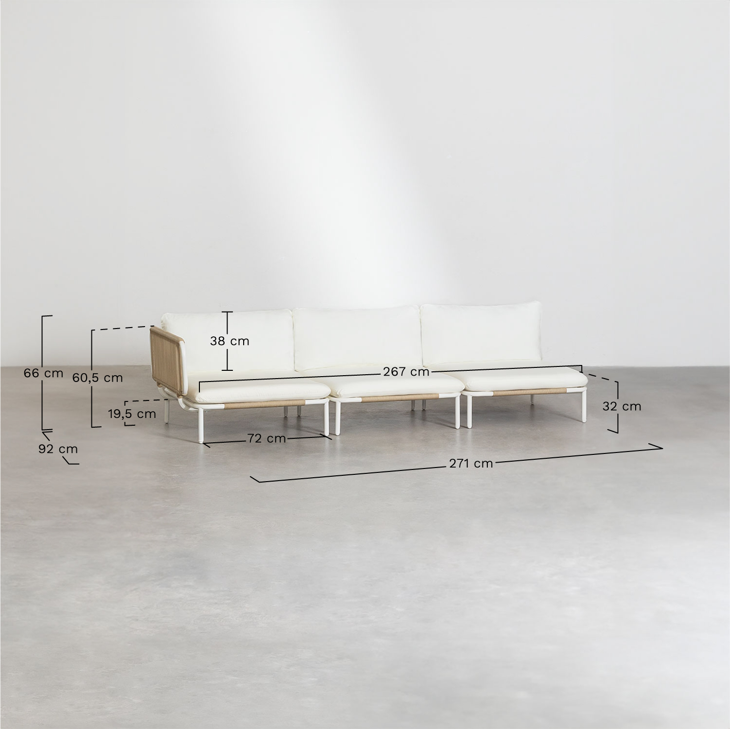 Canapé de jardin d'angle modulable 3 pièces, pouf et table basse Roubly, mesures