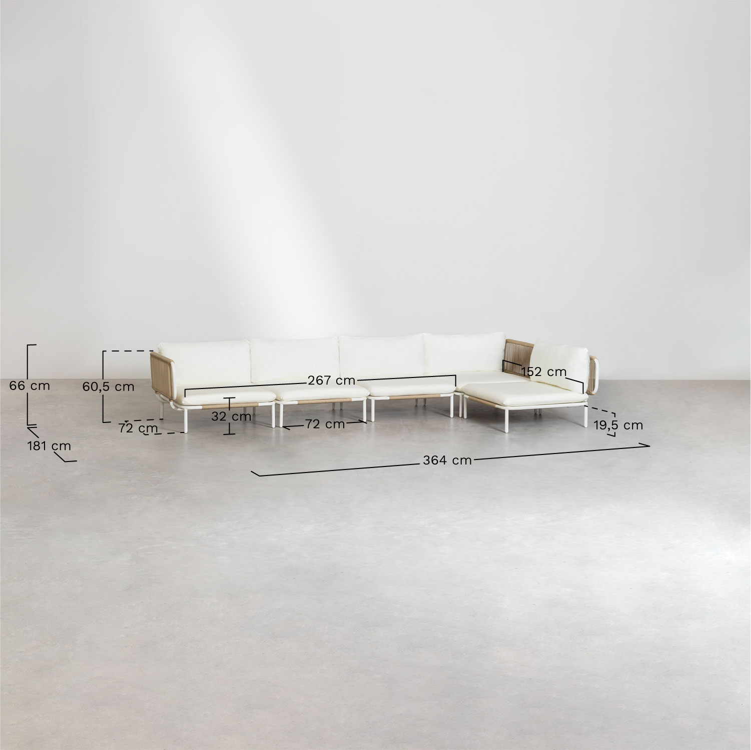 Canapé d'angle de jardin modulable 5 pièces avec pouf, fauteuil et table basse Roubly  , mesures