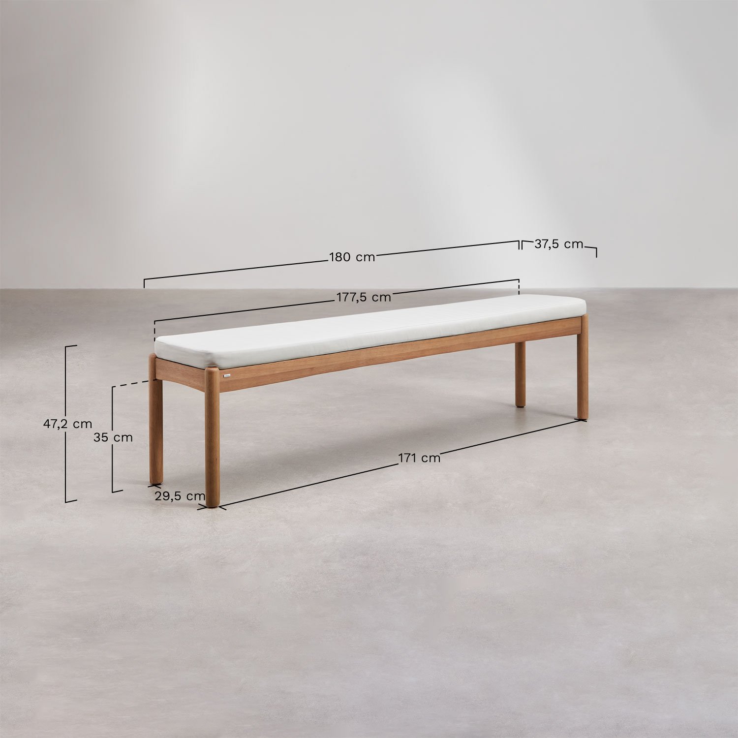 Ensemble table rectangulaire (200x100 cm) et 2 bancs de salle à manger en bois d'eucalyptus Aderyn, mesures