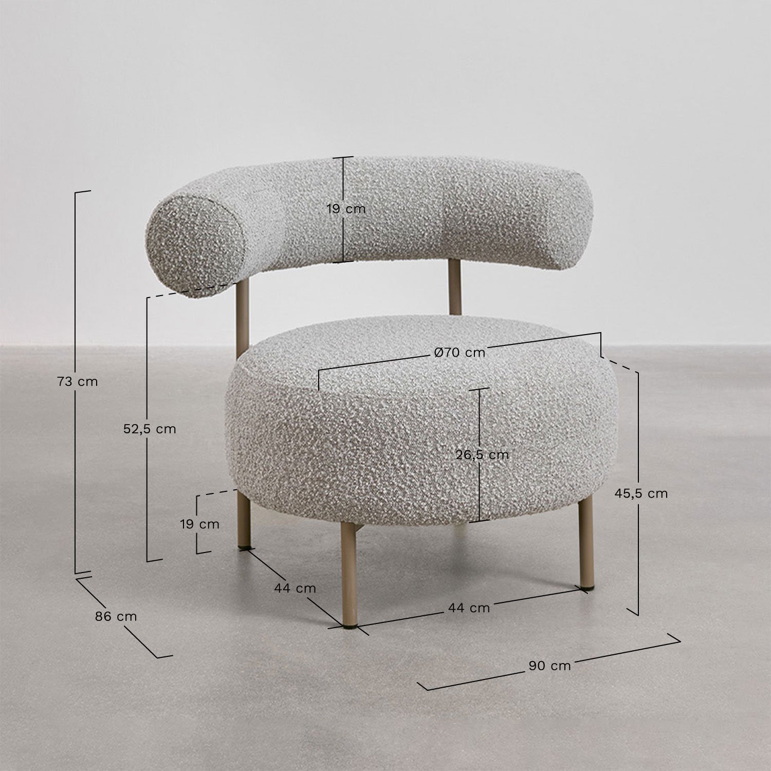 Pack de 2 fauteuils en tissu bouclé Arieta, mesures