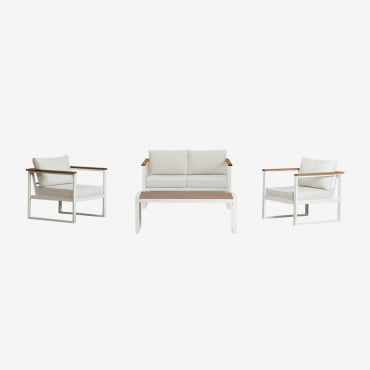 Ensemble De Jardin Composé D'un Canapé 2 Places, De 2 Fauteuils Et D'une Table Basse En Aluminium Et Bois D'acacia Lipov. Blanc Gardenia - Sklum