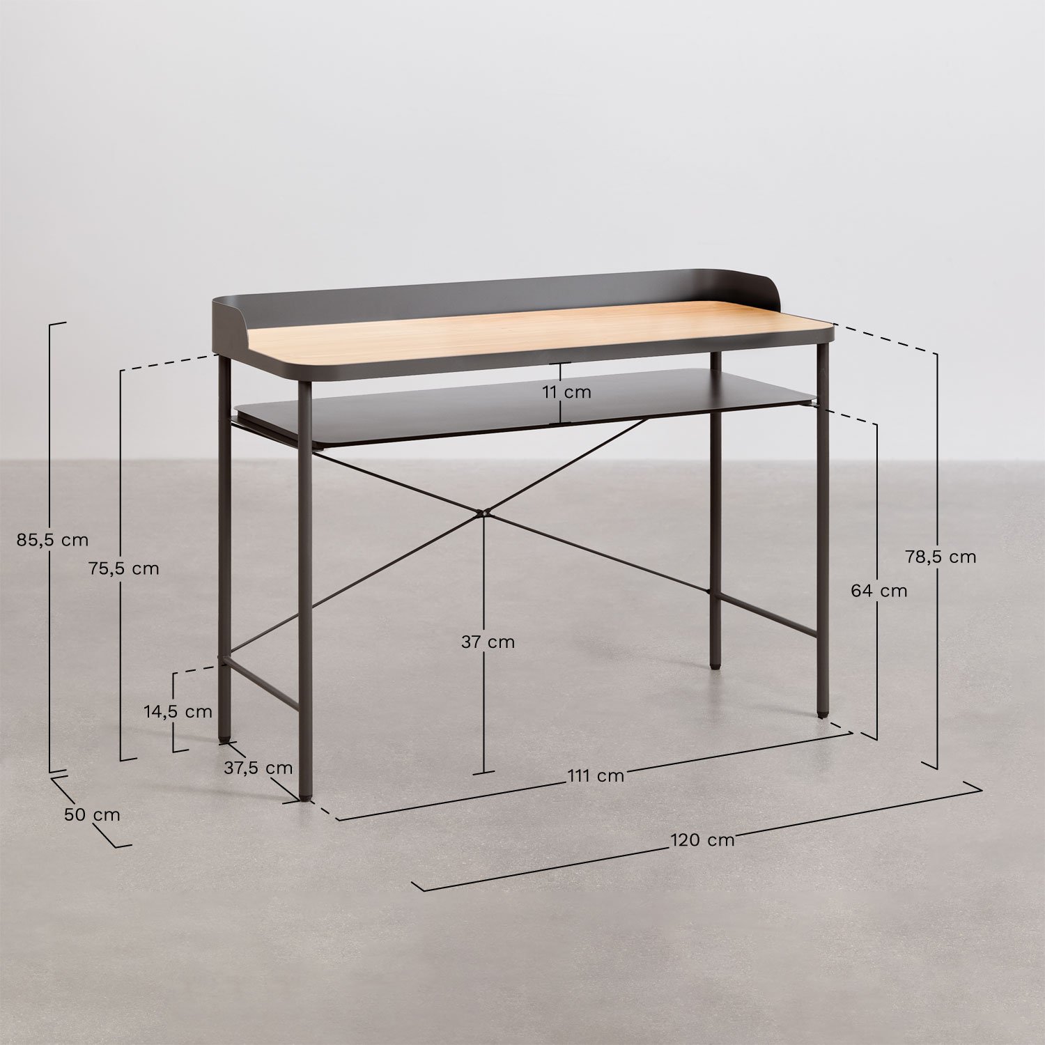Bureau en acier et MDF Kerobert, mesures