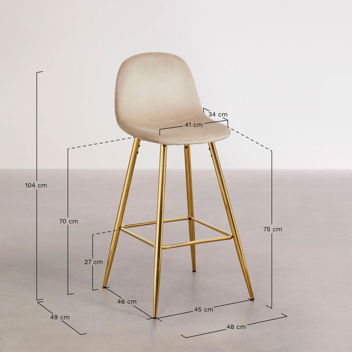 Pack de 2 tabourets hauts en velours Glamm, mesures