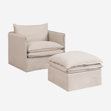 Ensemble De Salon Avec Fauteuil Et Pouf En Lin Et Coton Grace Tissu Beige - Sklum
