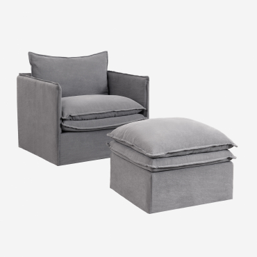 Ensemble De Salon Grace En Lin Et Coton Avec Fauteuil Et Pouf Tissu Gris Foncé - Sklum