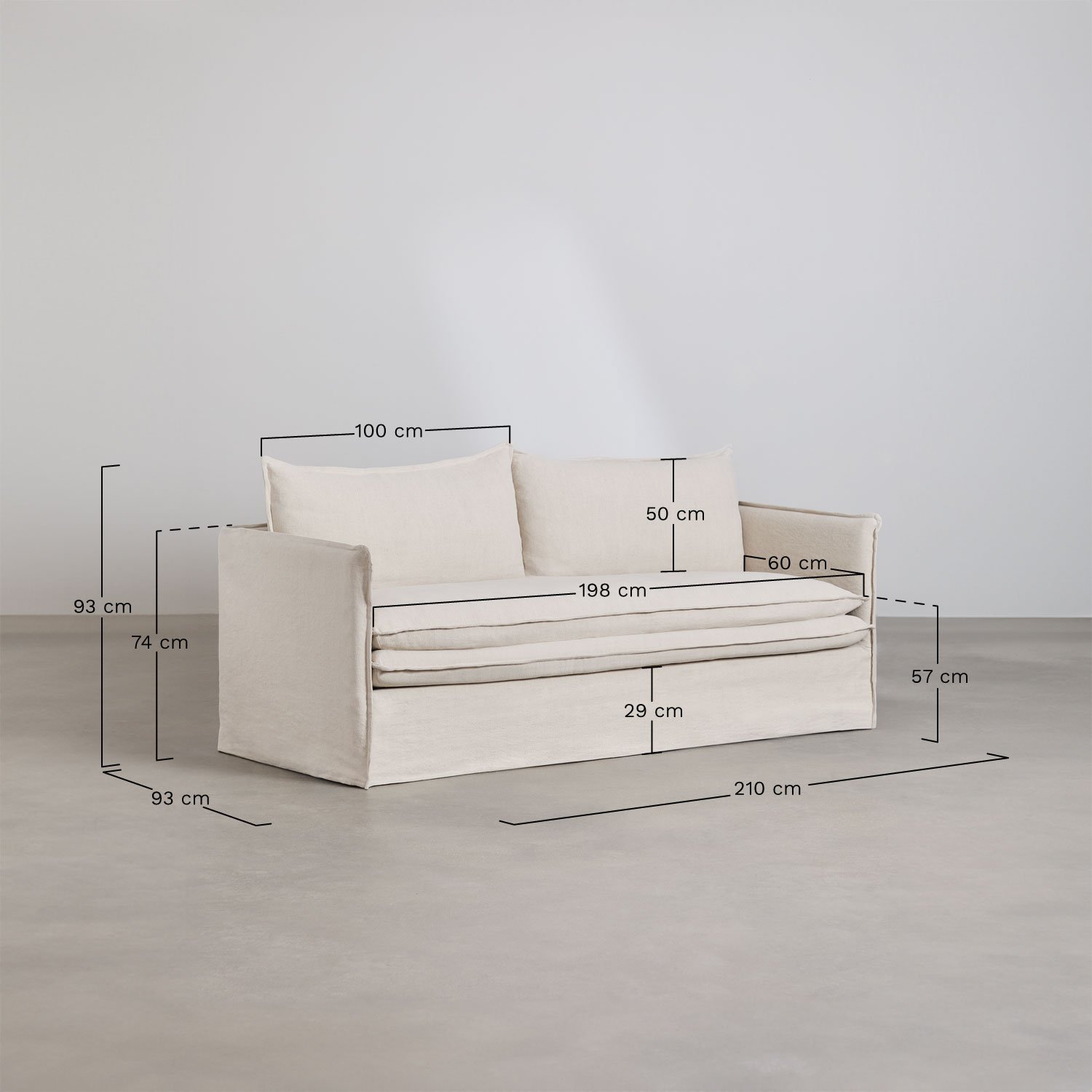 Ensemble de salon avec un canapé 2 places, un canapé 3 places, un fauteuil et un pouf en lin et coton Grace, mesures