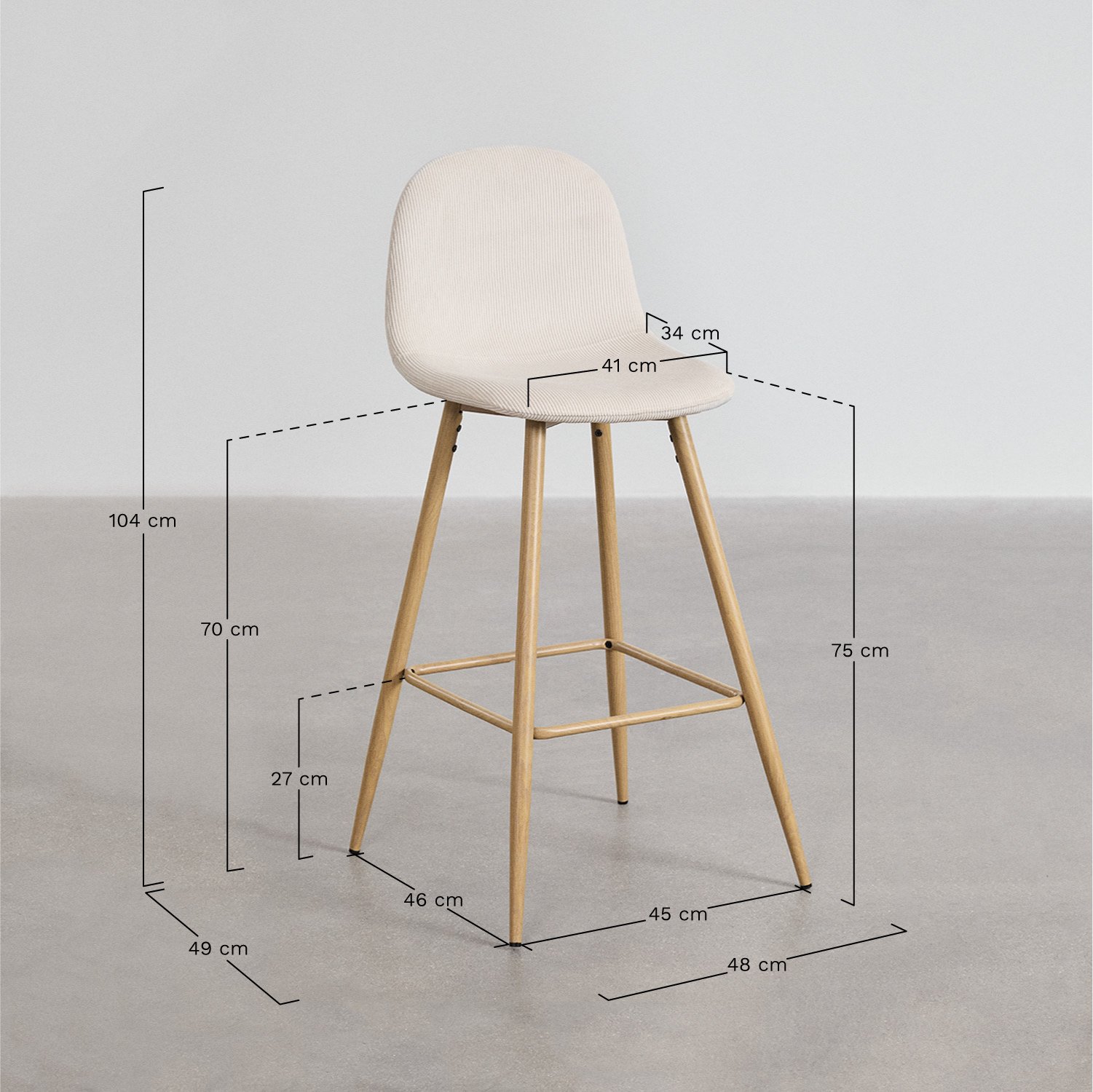 Pack de 4 tabourets hauts en velours côtelé Glamm, mesures