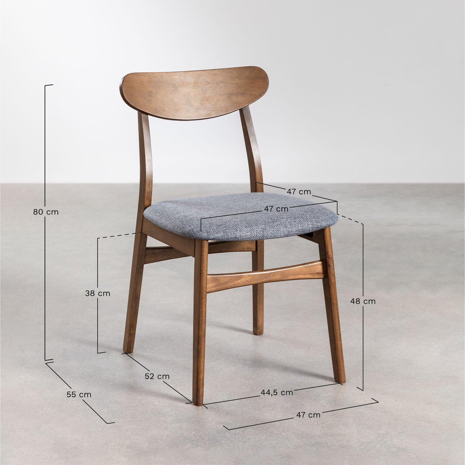 Pack de 2 chaises de salle à manger Cloda en tissu et bois, mesures