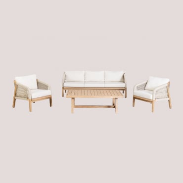 Salon De Jardin Avec Canapé 3 Places, 2 Fauteuils Et Table Basse En Bois D'acacia Dubaï Blanc Gardenia & Acacia Rustique Marron - Sklum
