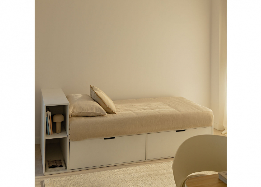 Lit pour matelas 90x190cm avec 2 tiroirs et rangement blanc Janete