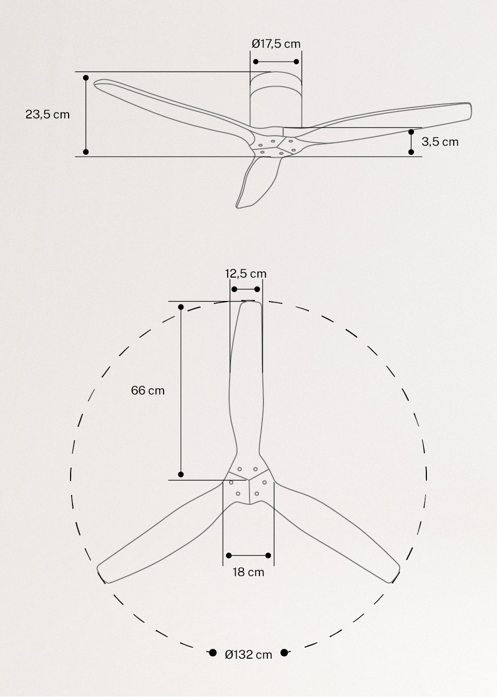 CREATE - WIND CALM - Ventilateur de plafond 40W silencieux Ø132 cm 15W 100% bois, mesures