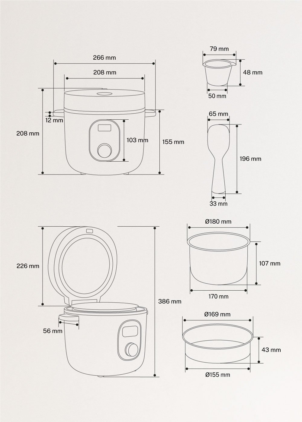 CREATE - RICE COOKER STUDIO - Cuisseur à riz électrique 2L avec panier vapeur, mesures