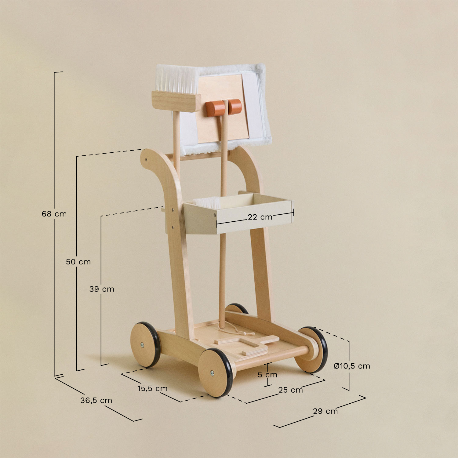 Chariot de nettoyage en bois Ashley Kids, mesures