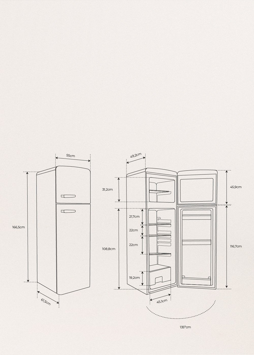 CREATE - FRIDGE STYLANCE TOP 246L - Réfrigérateur combiné de style rétro , mesures