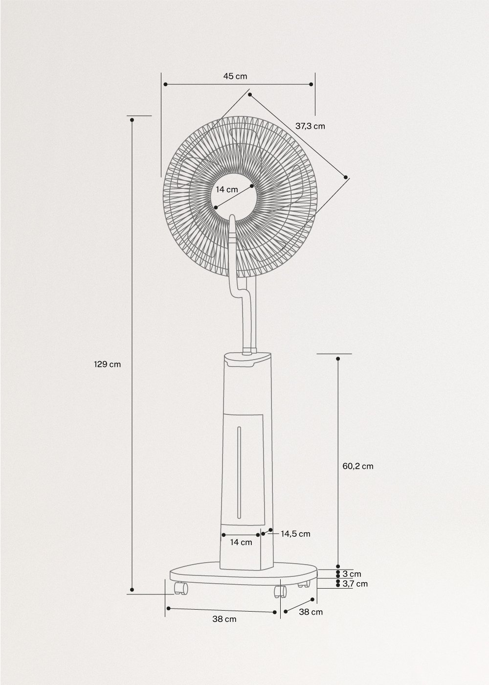 CREATE - AIR MIST PRO - Ventilateur brumisateur oscillant avec télécommande, mesures