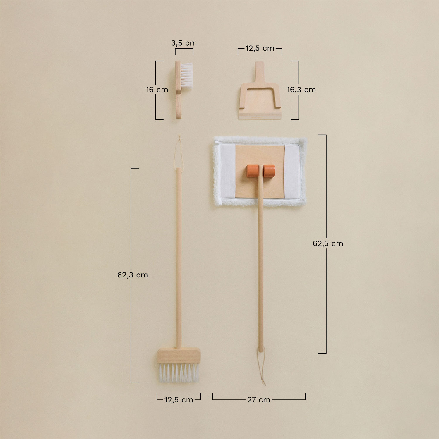 Chariot de nettoyage en bois Ashley Kids, mesures