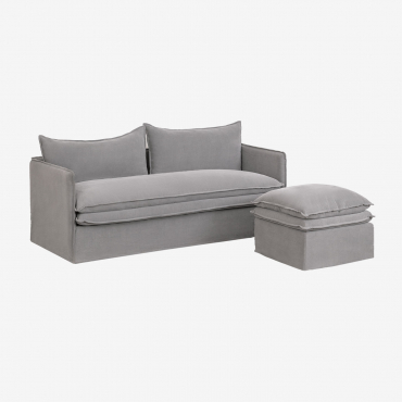 Ensemble De Salon Grace En Lin Et Coton Avec Canapé 3 Places Et Pouf Tissu Gris Foncé - Sklum