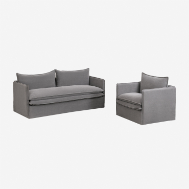 Ensemble De Salon Avec Canapé 3 Places Et Fauteuil En Lin Et Coton Grace Tissu Gris Foncé - Sklum
