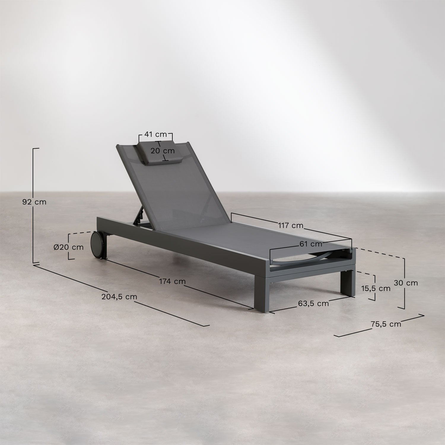 Chaise longue inclinable en aluminium avec coussin Akelia, mesures