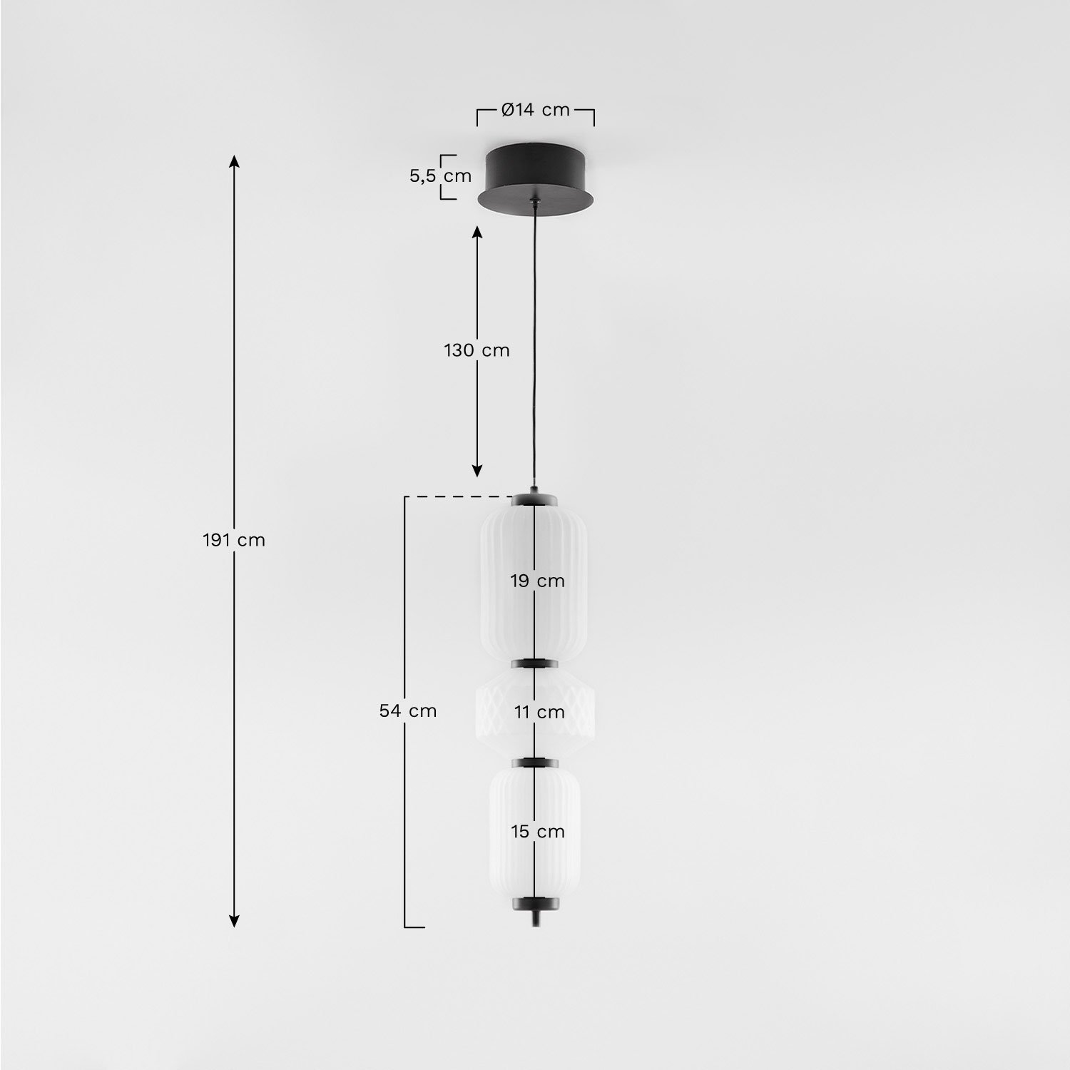 Plafonnier LED Necsar en fer et verre, mesures
