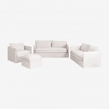 Ensemble De Salon Composé D'un Canapé 2 Places, D'un Canapé 3 Places, D'un Fauteuil Et D'un Pouf En Lin Et Coton Grace Tissu Blanc Cassé - Sklum