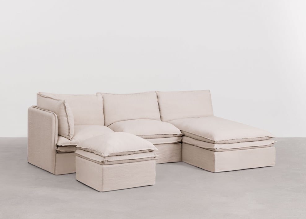 Canapé modulable 3 pièces avec méridienne et pouf en lin et coton Grace - Tissu Beige