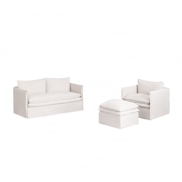 Ensemble De Salon Avec Un Canapé 2 Places, Un Fauteuil Et Un Pouf En Lin Et Coton Grace Tissu Blanc Cassé - Sklum