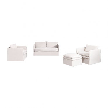 Ensemble De Salon Grace En Lin Et Coton Composé D'un Canapé 2 Places, 2 Fauteuils Et Pouf Tissu Blanc Cassé - Sklum