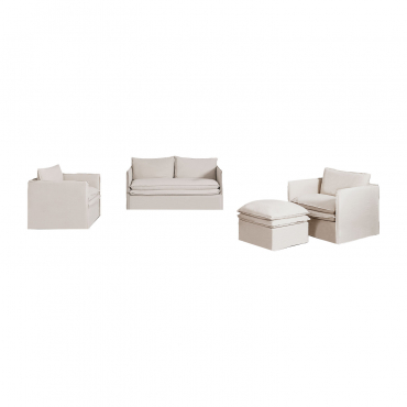 Ensemble De Salon Grace En Lin Et Coton Composé D'un Canapé 2 Places, 2 Fauteuils Et Pouf Tissu Beige - Sklum