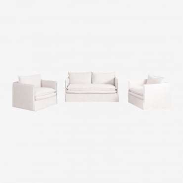 Ensemble De Salon Composé D'un Canapé 2 Places Et De 2 Fauteuils En Lin Et Coton Grace Tissu Blanc Cassé - Sklum
