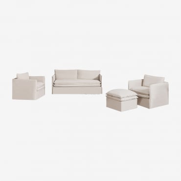 Ensemble De Salon Grace En Lin Et Coton Composé D'un Canapé 3 Places, 2 Fauteuils Et Pouf Tissu Beige - Sklum
