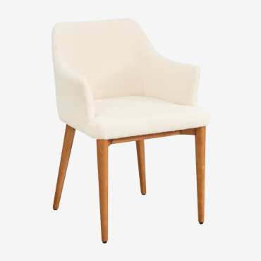 Chaise De Salle À Manger Avec Accoudoirs En Peau De Mouton Banfil Bois Foncé & Chenille Blanc - Sklum
