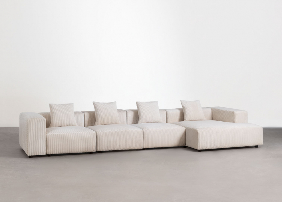 Canapé modulaire chaise longue droit de 4 pièces ↔︎420 cm avec accoudoir haut Bruna - Velours Côtelé Beige Lin