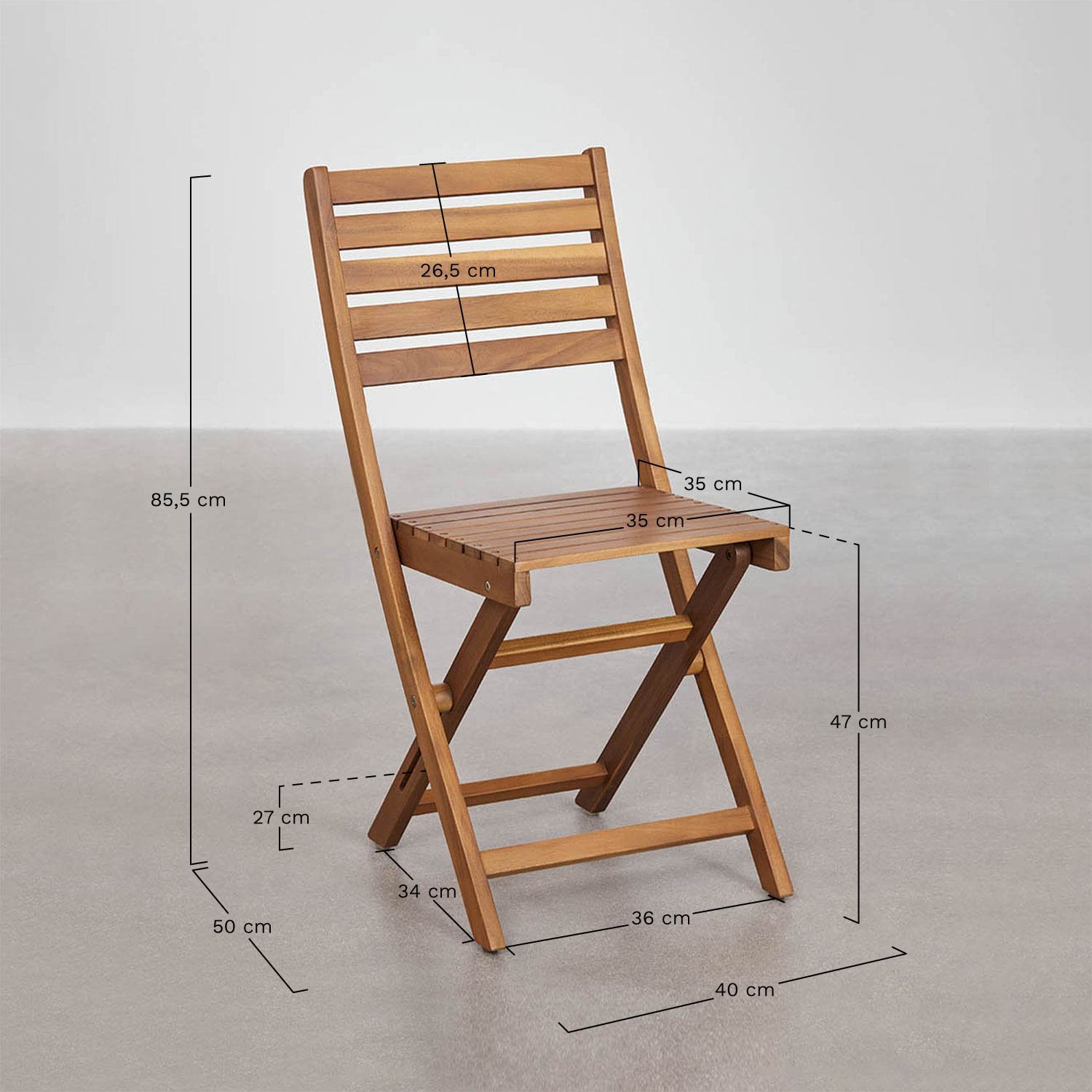 Pack de 2 chaises de jardin pliantes en bois d'acacia Delawer, mesures