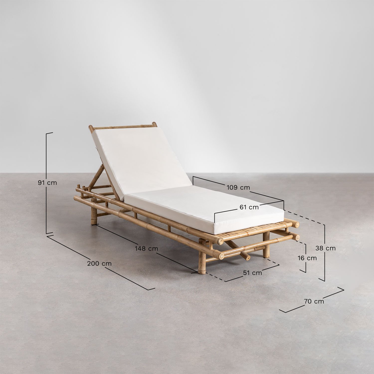 Chaise longue en bambou Gossy, mesures