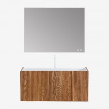 Ensemble De Meuble De Salle De Bain Suspendu En Bois Avec Lavabo Intégré Fiore Marron Cendré & Rectangulaire Led Et Anti-buée - Sklum