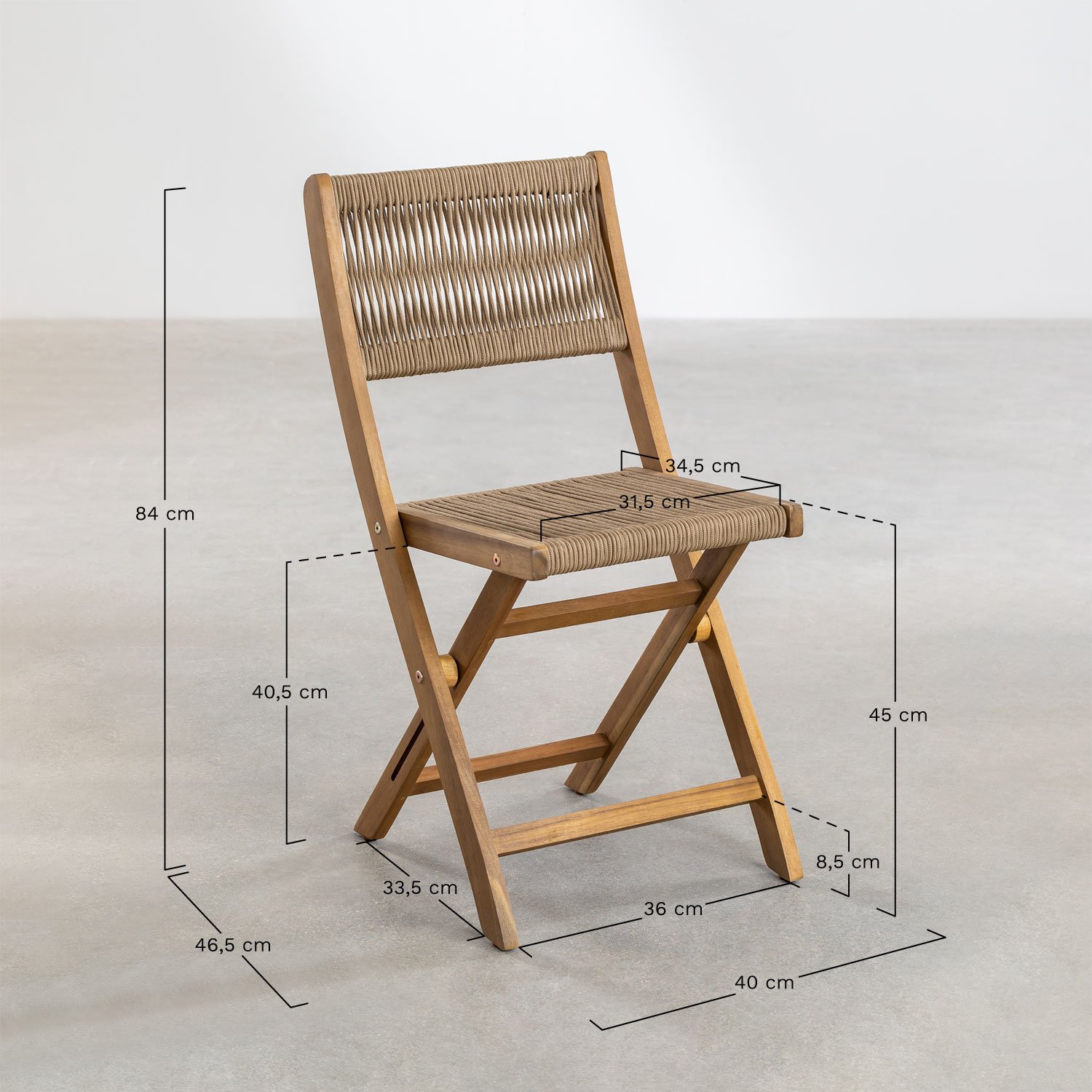 Ensemble table ronde Ø60 cm et 2 chaises de jardin pliantes en bois d'acacia Delawer Classic, mesures