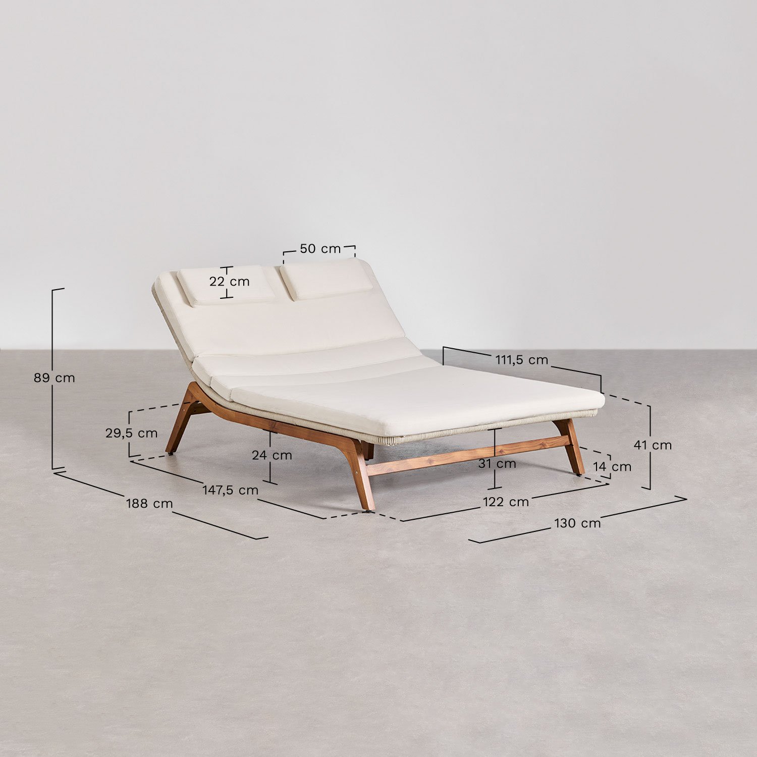 Chaise longue double en bois d'acacia avec coussin Vejer, mesures