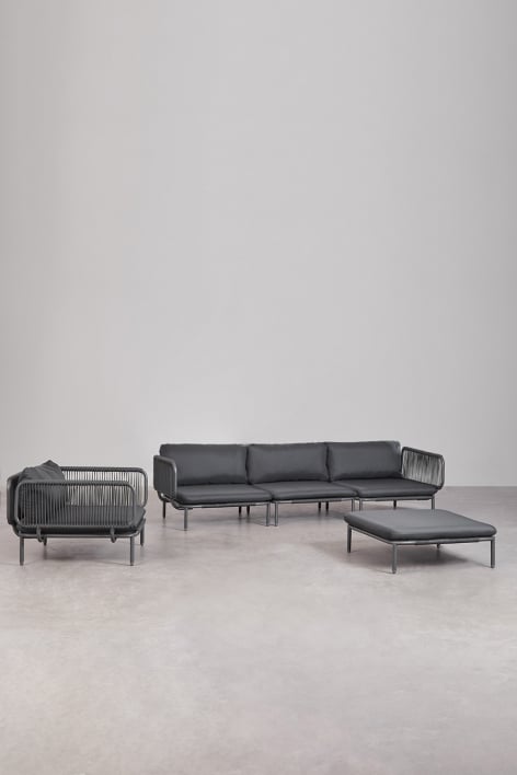 Canapé de jardin modulable 3 pièces avec 2 fauteuils d'angle, pouf et fauteuil Roubly