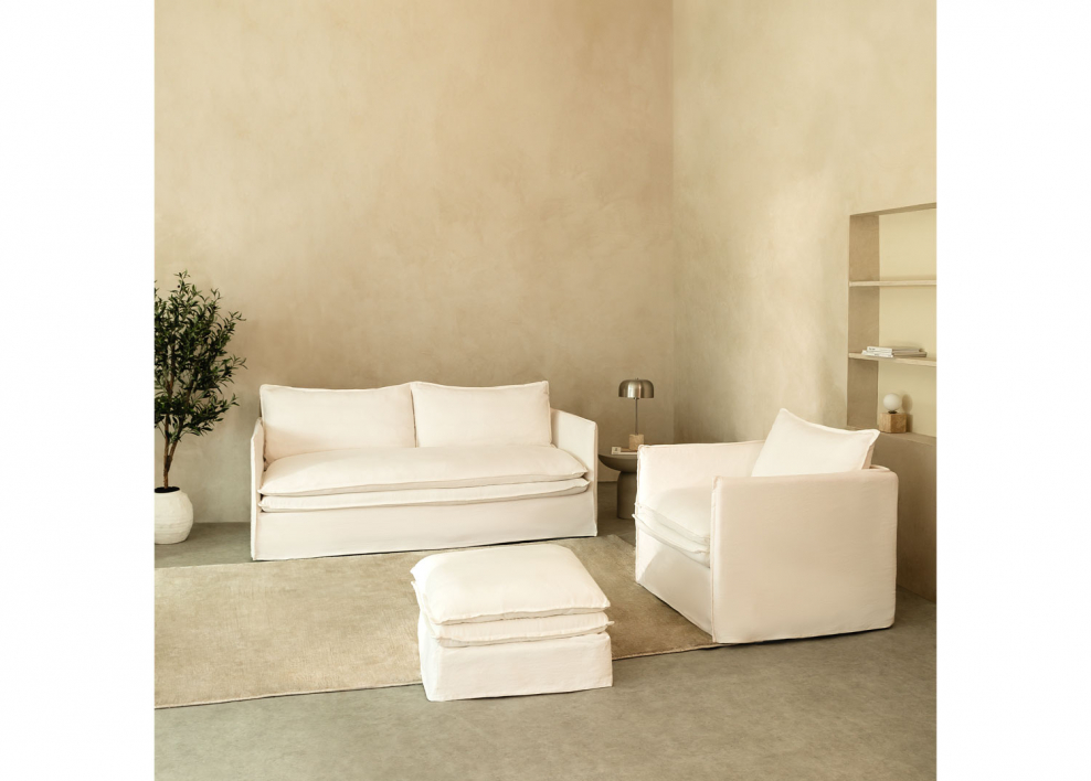 Ensemble de salon avec un canapé 2 places, un fauteuil et un pouf en lin et coton Grace - Tissu Blanc Cassé