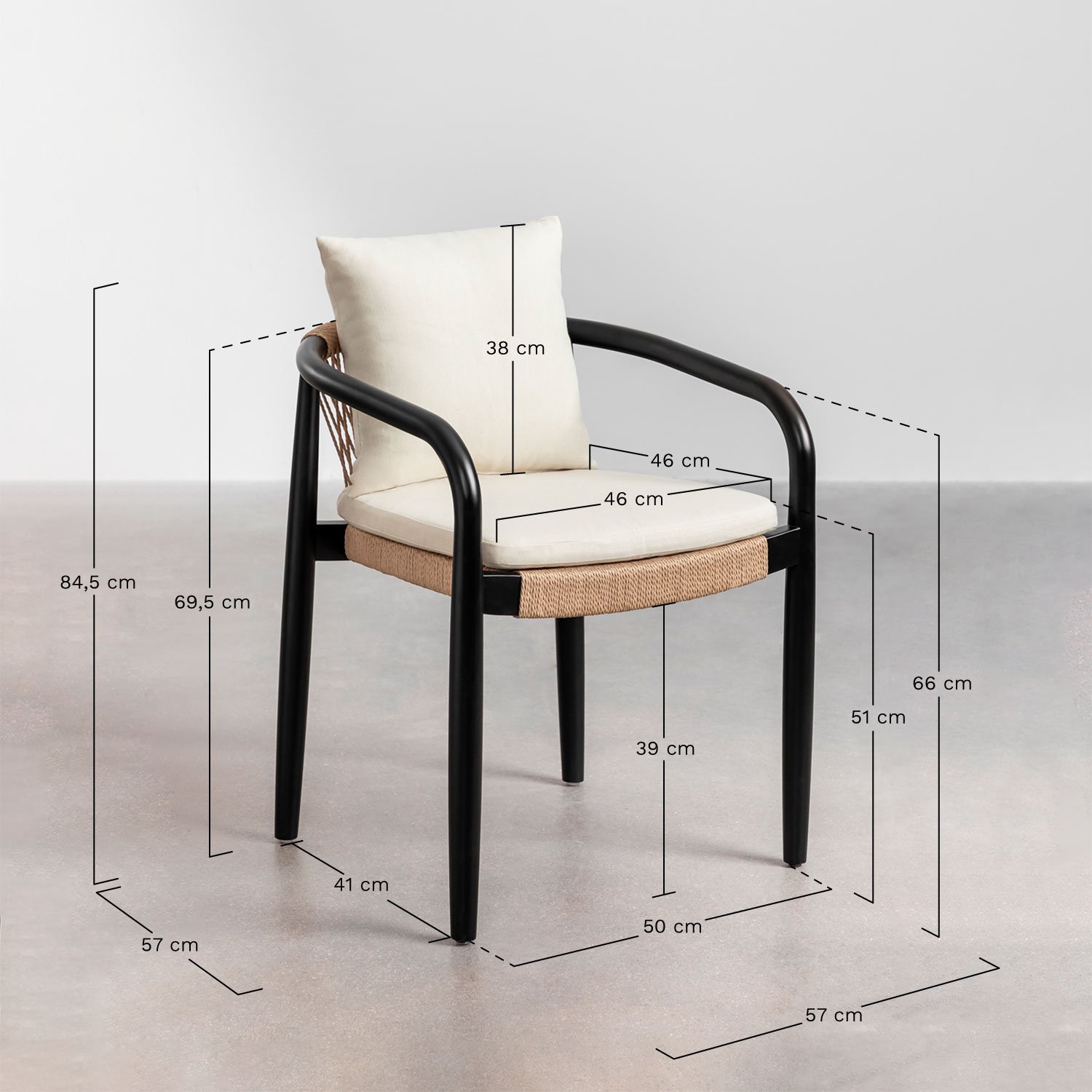 Pack de 4 chaises de salle à manger avec accoudoirs en acacia et papier tressé Giulia, mesures