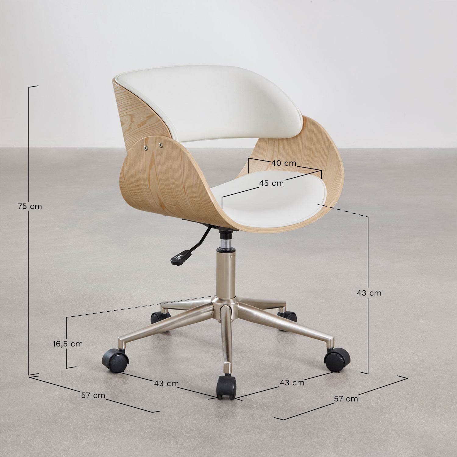 Chaise de bureau à roulettes en bois et similicuir Lorete, mesures
