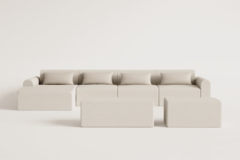 Canapé modulaire avec méridienne gauche de 4 pièces avec 2 poufs en tissu bouclette Borjan